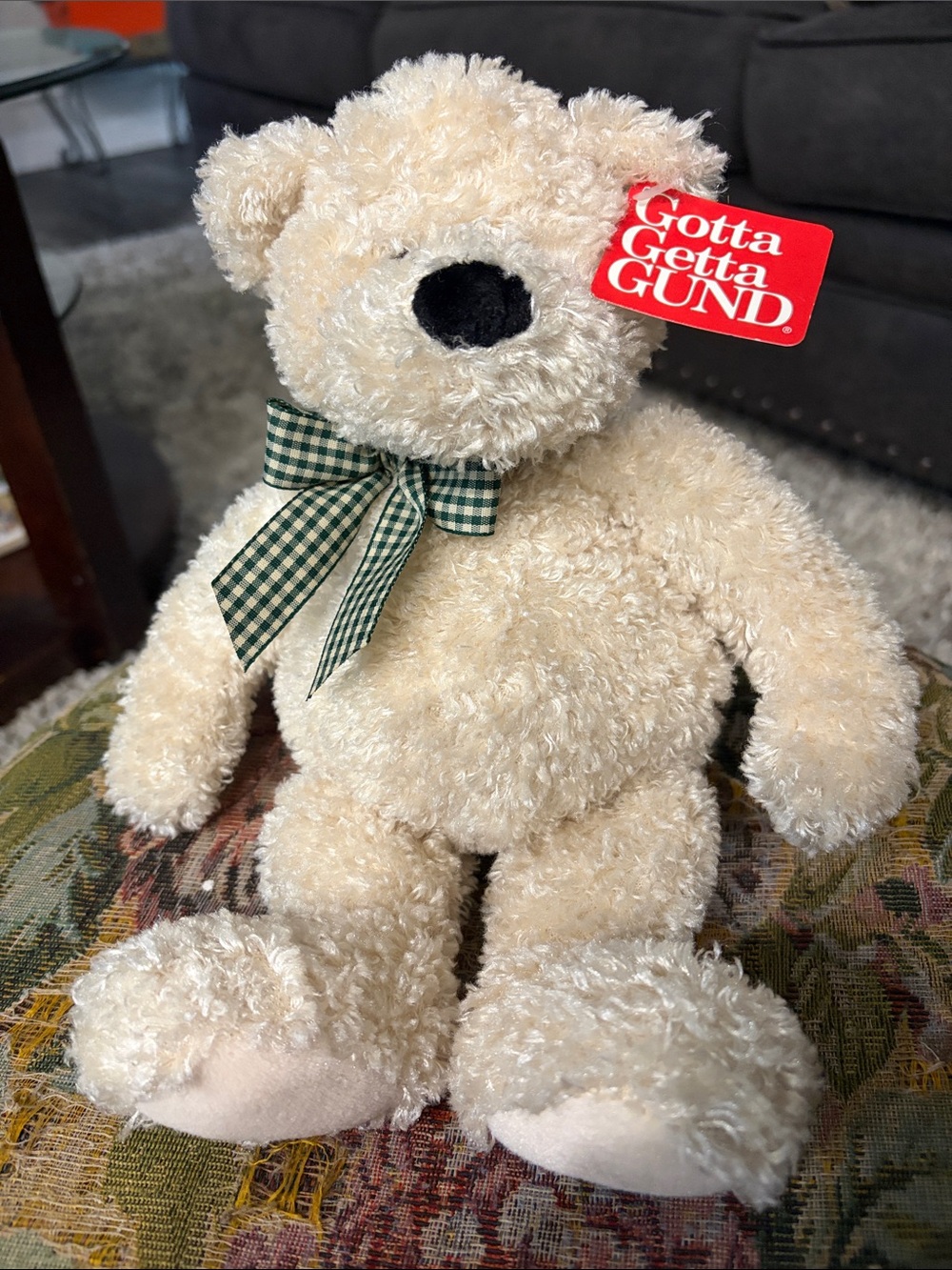 Gund 12” Vintage Luv Me Bear Cream Plush Bear with Green Gingham Bow